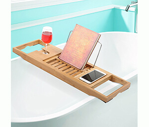 Deluxe Bamboo Bathtub Caddy Tray with Extending Sides, Book Tablet Holder with Wine Glass Slot